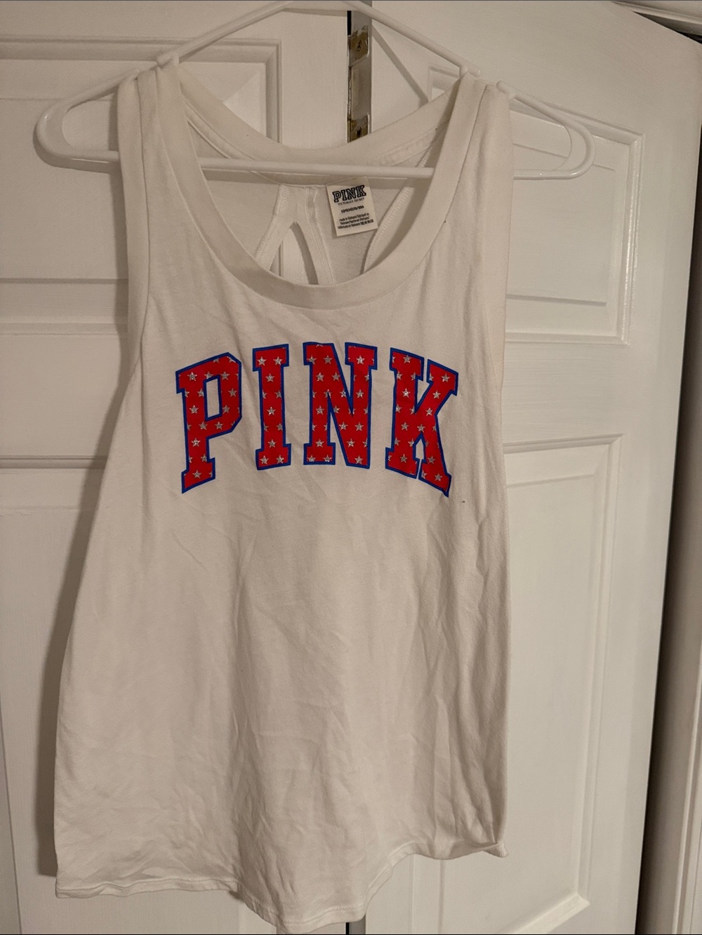 PINK Victoria's Secret White Tank with Red & Blue Lettering